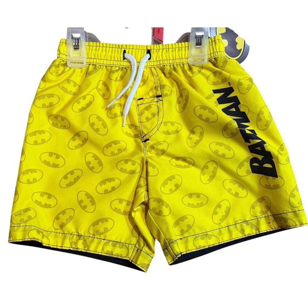 NWT Batman Elastic Toddler‎ Swim Trunks Yellow All Over Logo Print Drawstring 2T